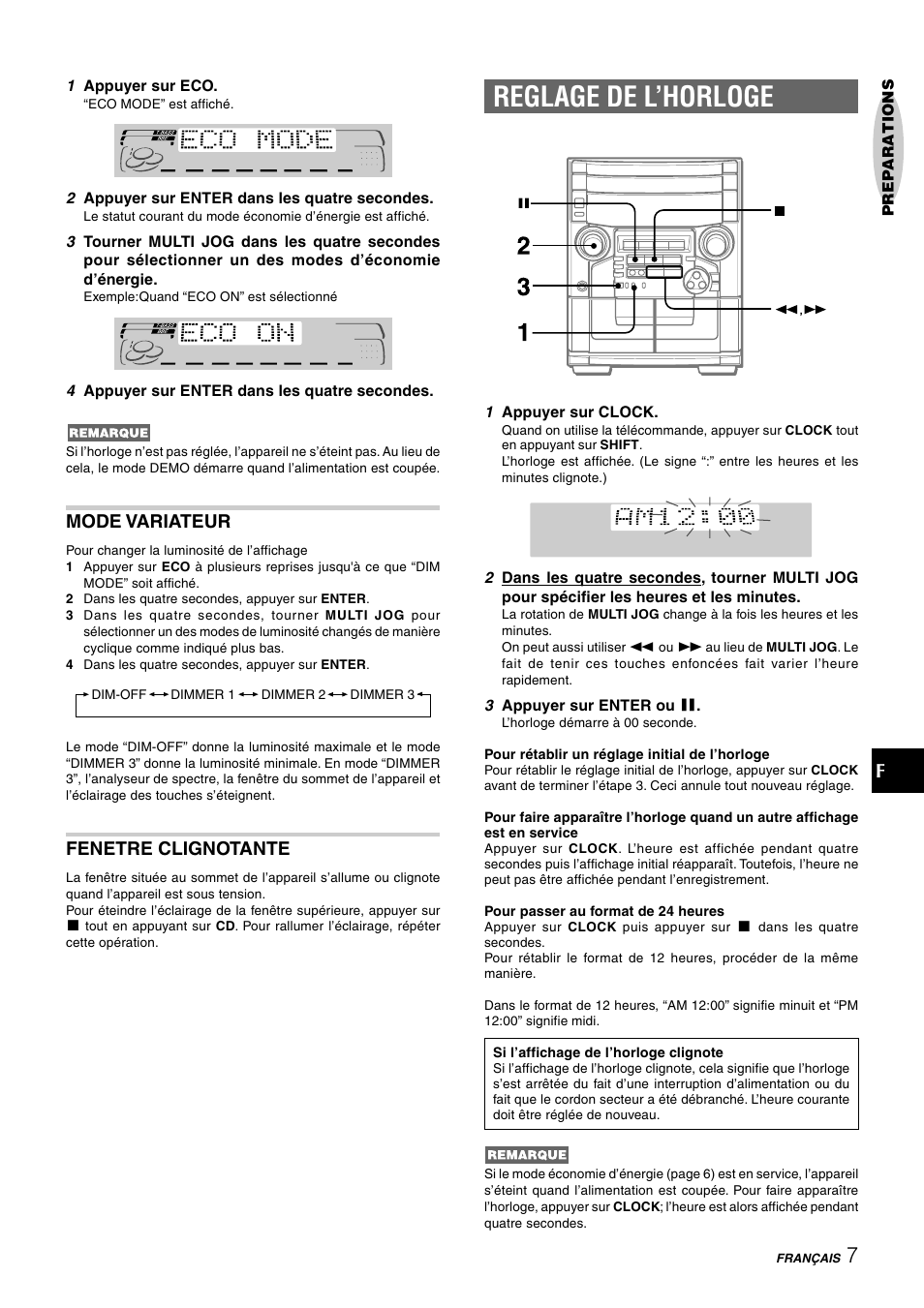 Reglage de l’horloge, Mode variateur, Fenetre clignotante | Aiwa CX-NAJ54 User Manual | Page 52 / 68