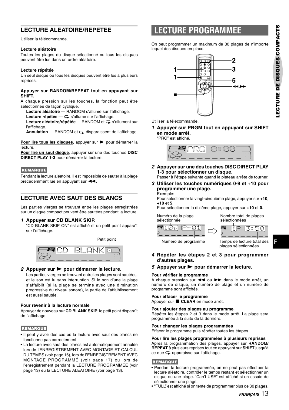 Lecture programmee, Lecture aleatoire/repetee, Lecture avec saut des blancs | Aiwa CX-NAJ54 User Manual | Page 58 / 68
