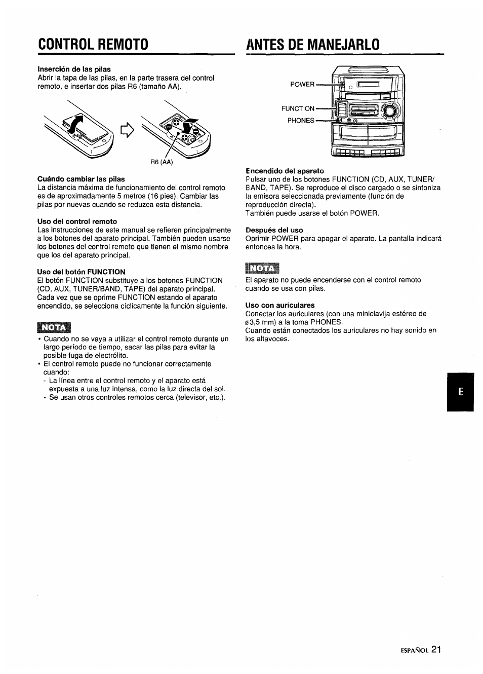 Inserción de las pilas, Cuándo cambiar las pilas, Uso del control remoto | Uso del botón function, Eincendido del aparato, Después del uso, Uso con auriculares, Control remoto antes oe manejarlo | Aiwa CA-DW635 User Manual | Page 21 / 52