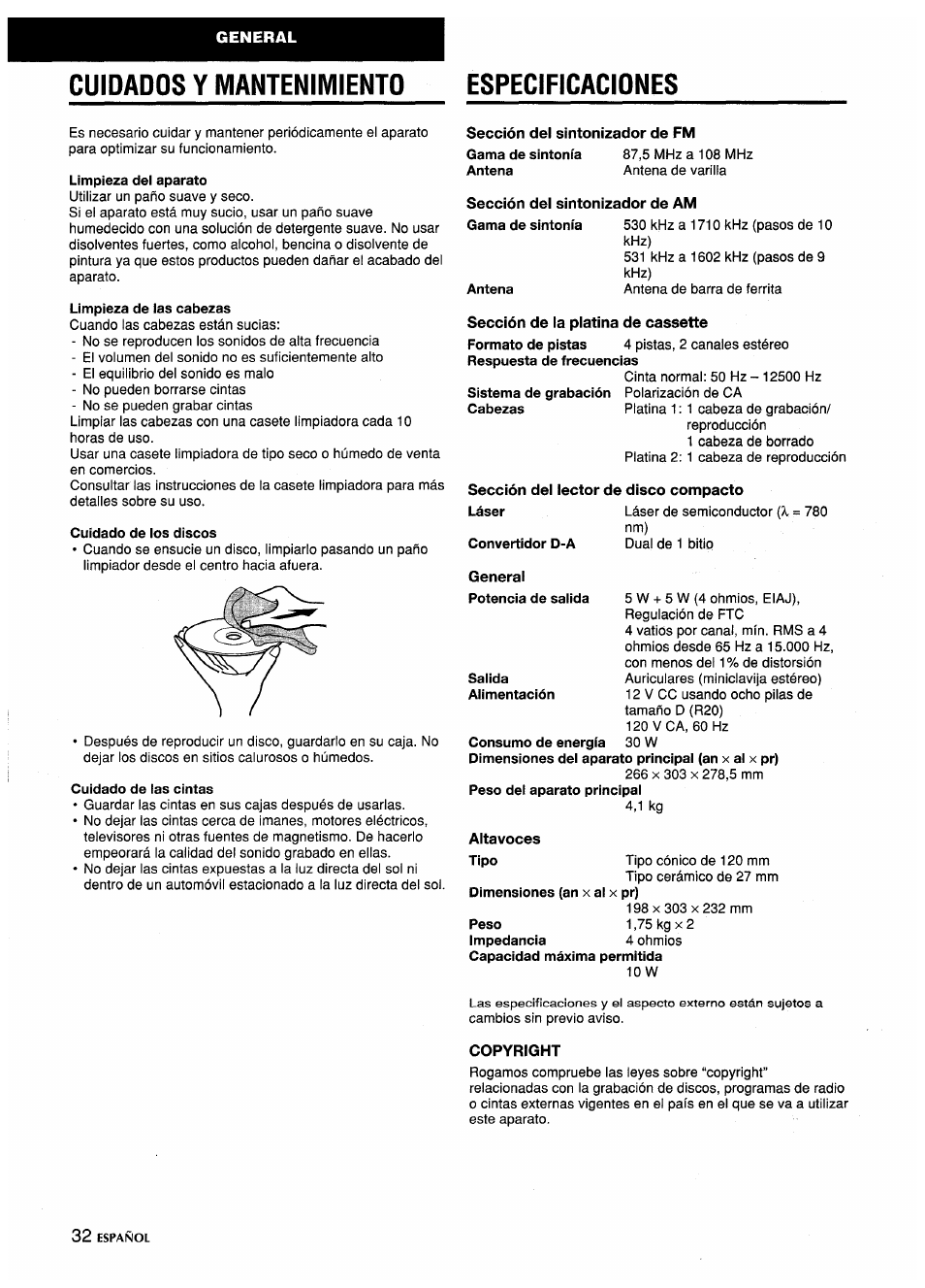 Cuidados y mantenimiento, Cuidados y mantenimiento especificaciones | Aiwa CA-DW635 User Manual | Page 32 / 52