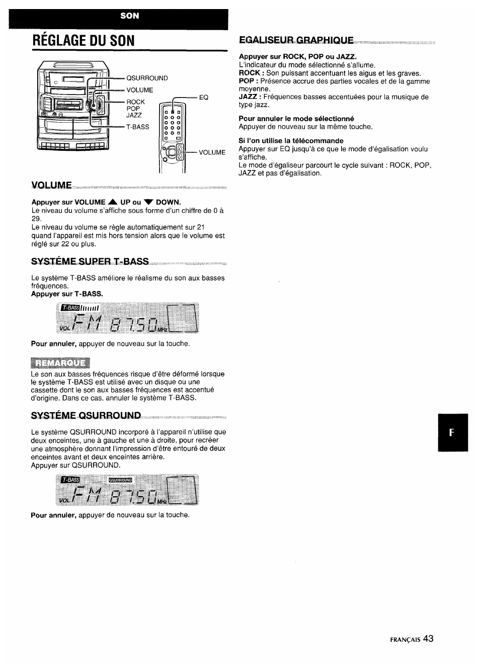 Reglage du son, Eijbuseub вшушюш, Мошме | S^iéme qsurround, Réglage du son, Eijbuseub.... вшушюш | Aiwa CA-DW635 User Manual | Page 43 / 52