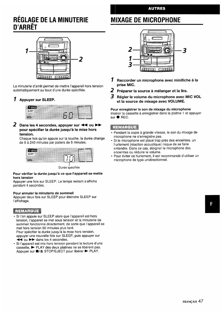 Reglage de la minuterie d’arrêt, Ivilixage de microphone, Réglage de la minuterie d’arrêt | Mixage de microphone | Aiwa CA-DW635 User Manual | Page 47 / 52
