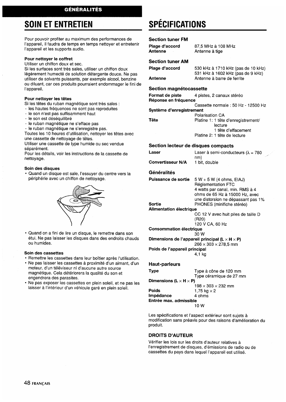 Soin et entretien, Soin et entretien specifications | Aiwa CA-DW635 User Manual | Page 48 / 52