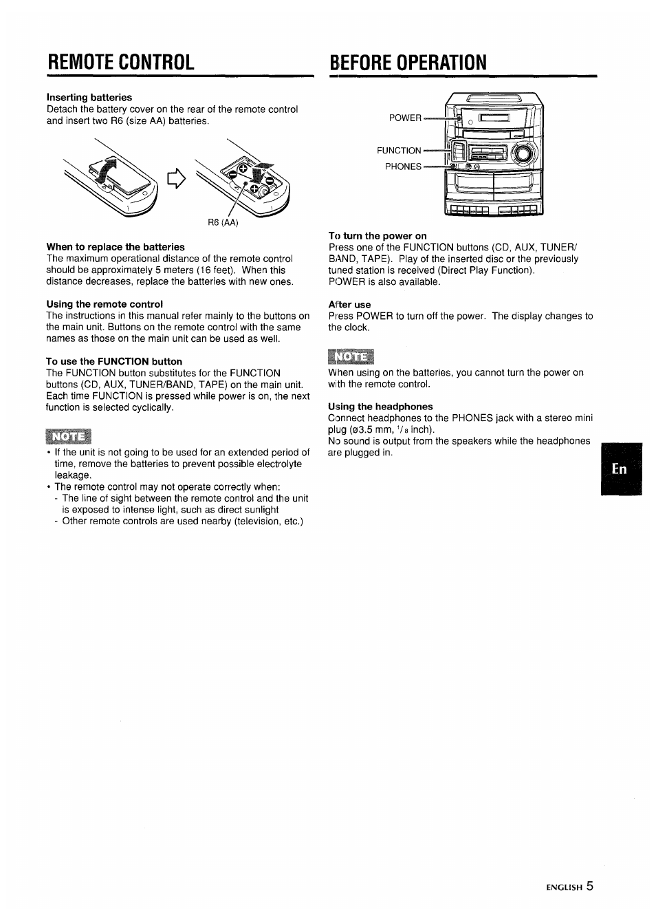 Inserting batteries, When to replace the batteries, Using the remote control | To use the function button, To turn the power on, After use, U sing the headphones, Remote control before operation | Aiwa CA-DW635 User Manual | Page 5 / 52