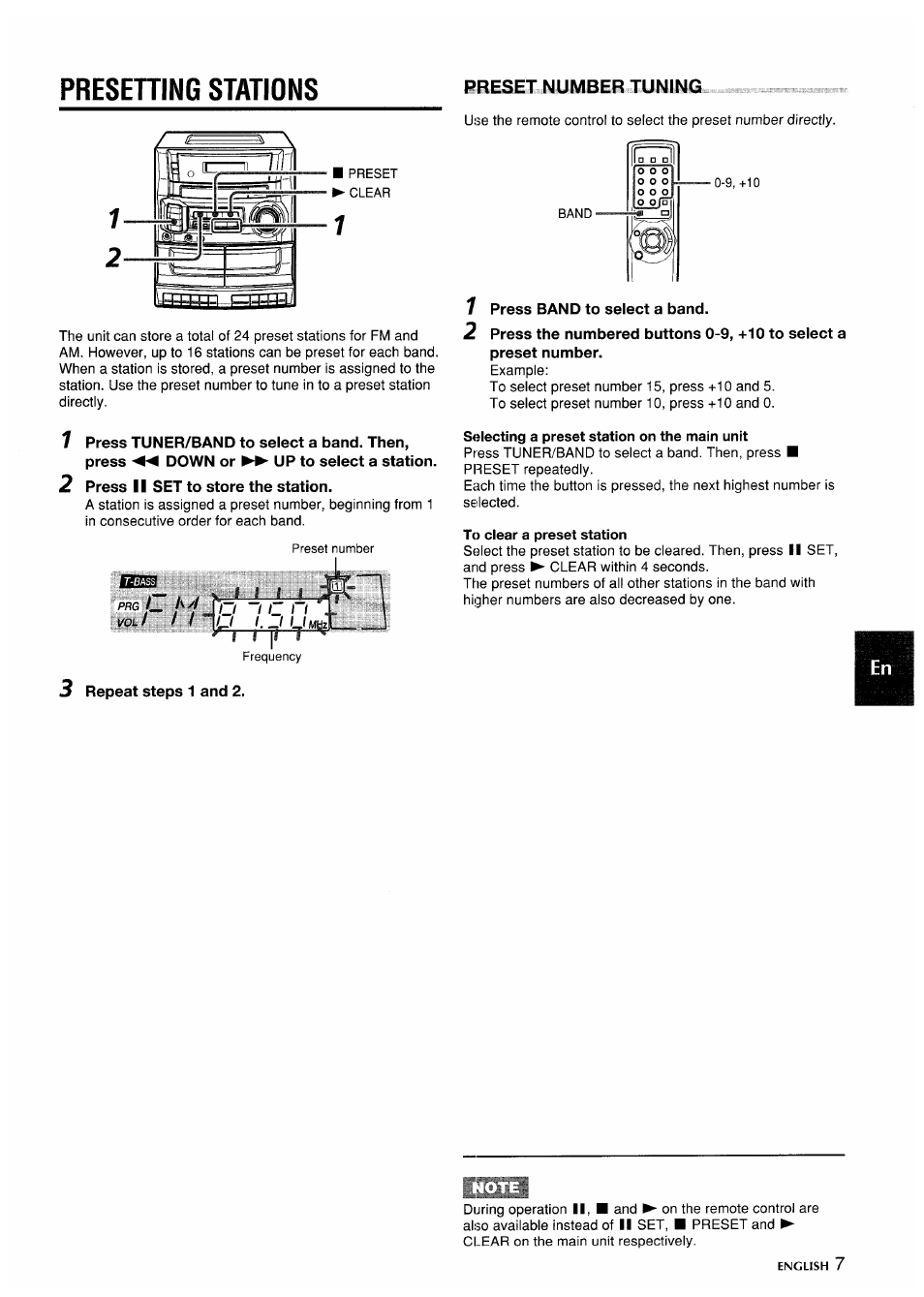 Selecting a preset station on the main unit, To clear a preset station, Presening stations | Rbeset number tuning | Aiwa CA-DW635 User Manual | Page 7 / 52