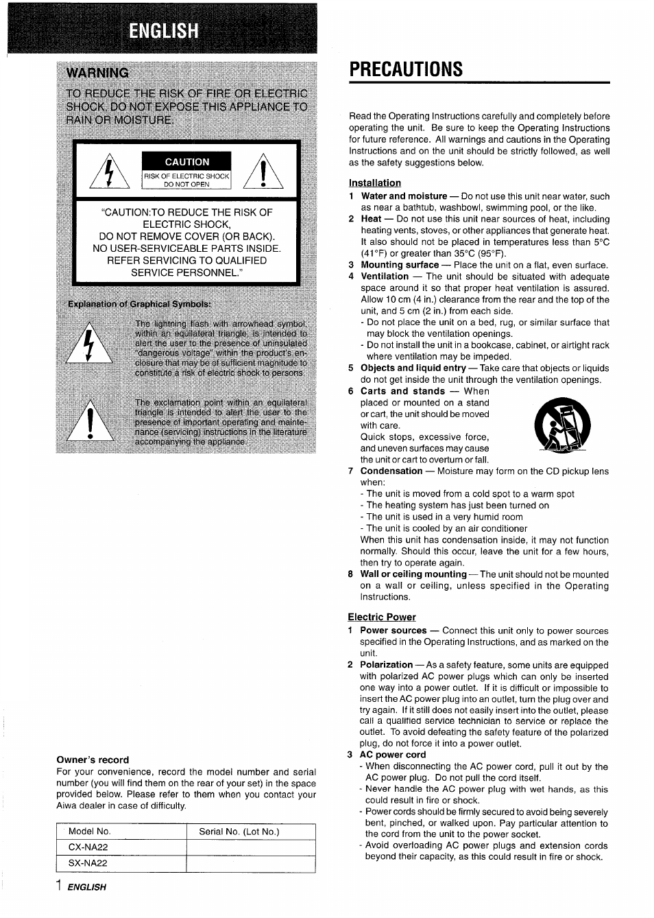 English, Precautions, Owner’s record | Warning | Aiwa CX-NA22 User Manual | Page 2 / 64