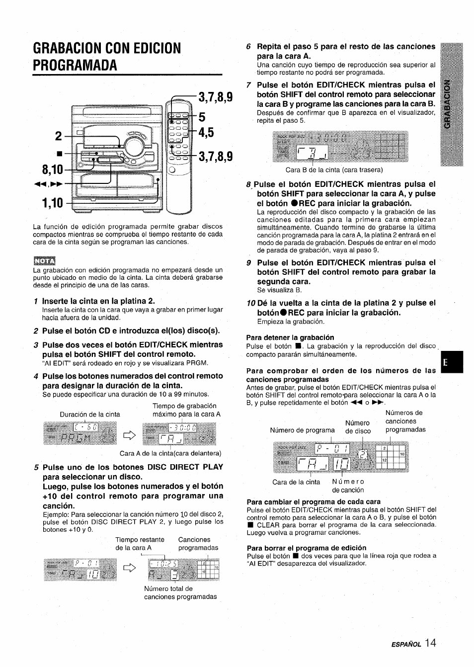 Grabacion con eoicion programada, Para detener la grabación, Para borrar el programa de edición | Aiwa CX-NA22 User Manual | Page 35 / 64