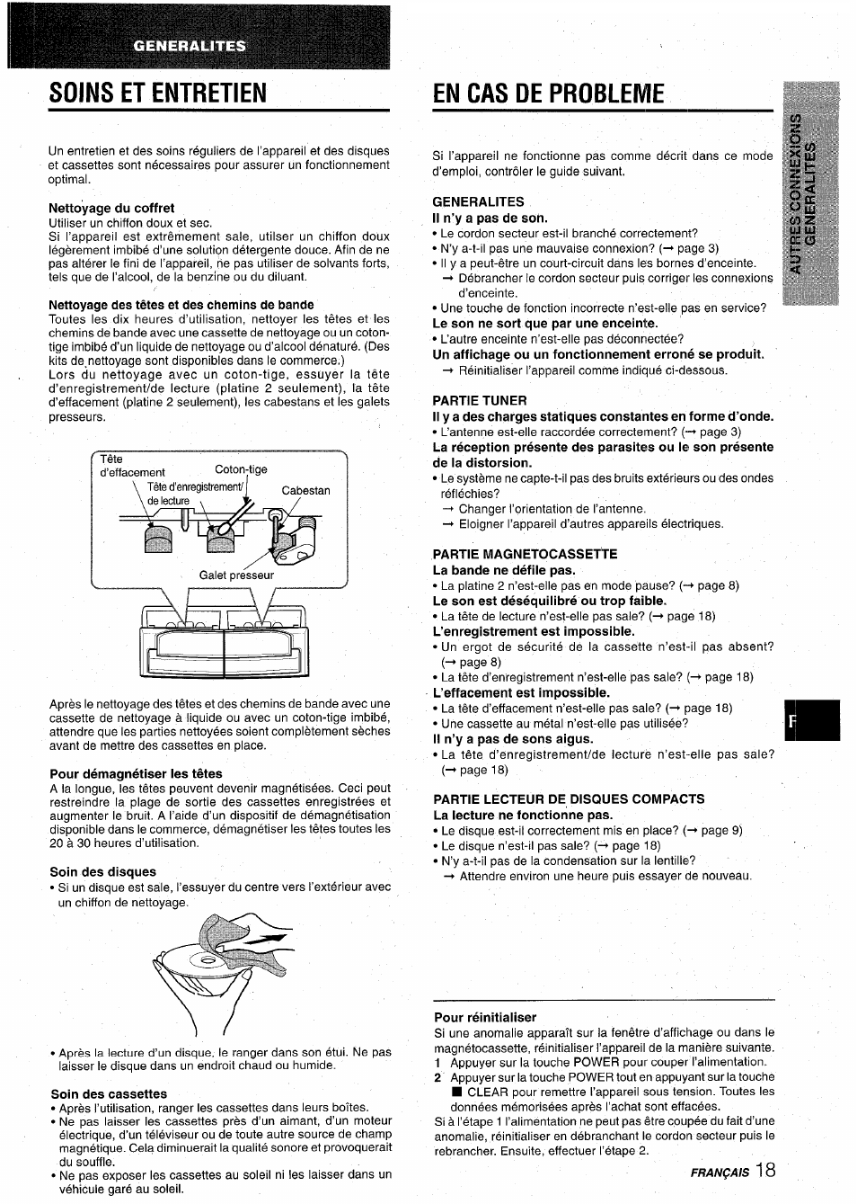 Soins et entretien, Nettoyage du coffret, Nettoyage des têtes et des chemins de bande | Pour démagnétiser les têtes, Soin des disques, Soin des cassettes, En cas de probleme, Generalites il n’y a pas de son, Partie tuner, Partie magnetocassette la bande ne défile pas | Aiwa CX-NA22 User Manual | Page 59 / 64