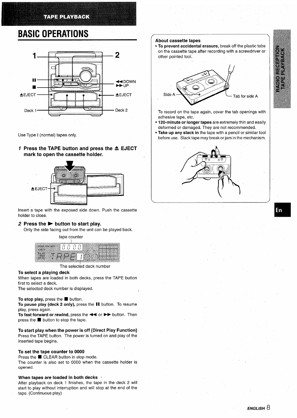 Basic operations, 2 press the ^ button to start play, About cassette tapes | Tu3 cn q, To set the tape counter to 0000, When tapes are loaded in both decks | Aiwa CX-NA22 User Manual | Page 9 / 64