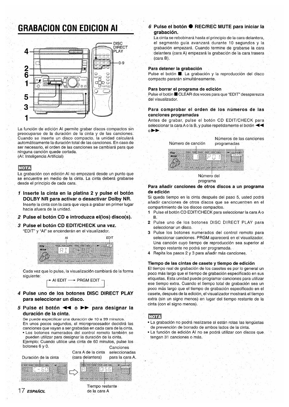 Grabacion con edicion al, 2 pulse el botón cd e introduzca el(los) disco(s), 3 pulse el botón cd edit/check una vez | Para detener la grabación, Para borrar el programa de edición, Tiempo de las cintas de casete y tiempo de edición | Aiwa CX-NA71 User Manual | Page 44 / 80