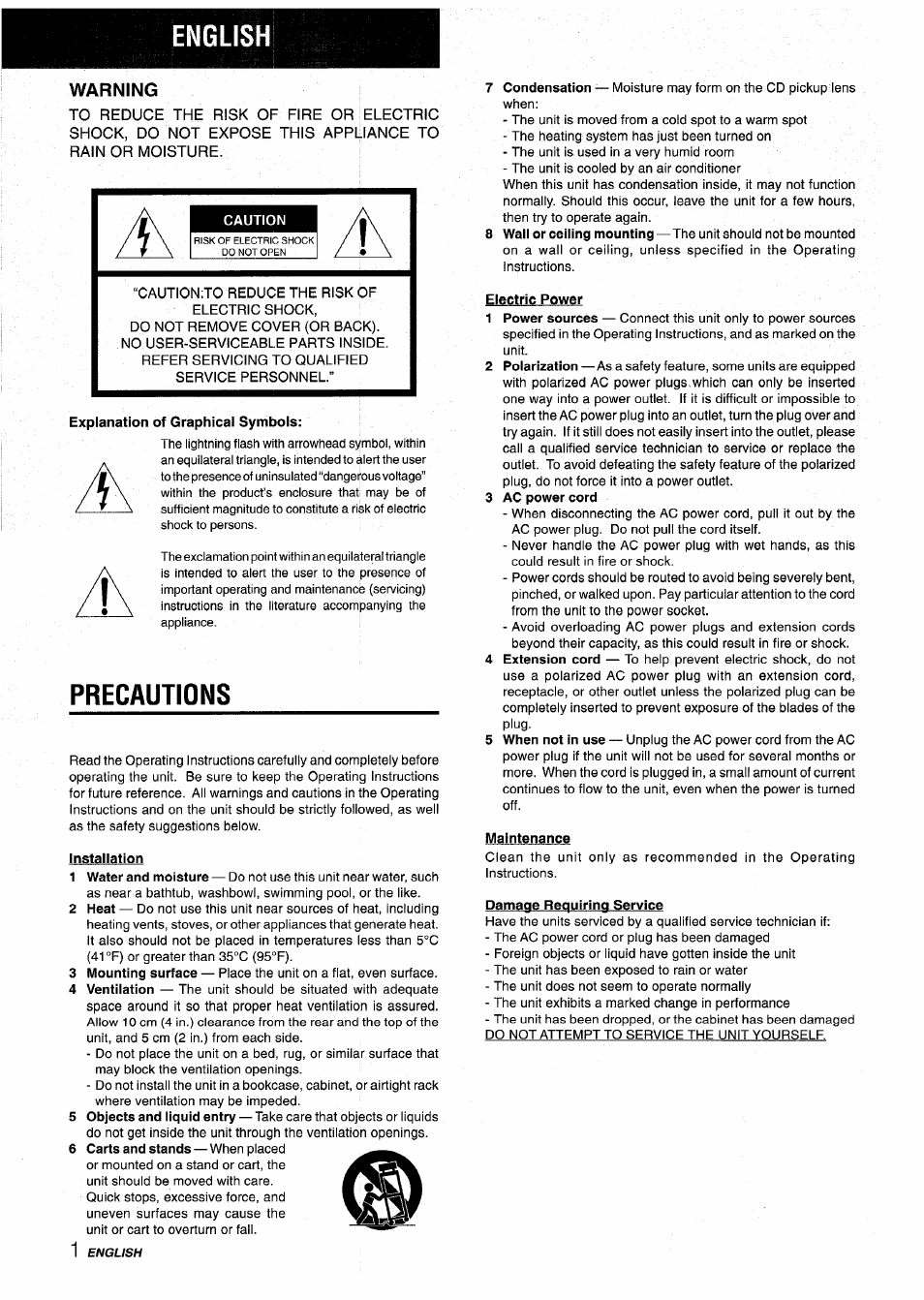 Warning, Precautions, Installation | Electric power, Maintenance, Englis | Aiwa NSX-V2100 User Manual | Page 2 / 52