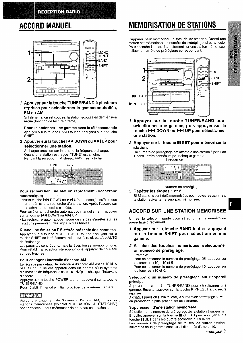 Memorisation de stations, Accord sur une station memorisee, Accord manuel | Aiwa NSX-V2100 User Manual | Page 39 / 52