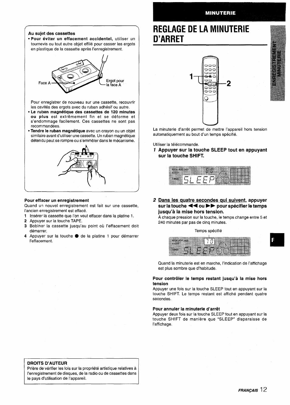 Au suj(ît des cassettes, Pour effacer un enregistrement, Reglage de la minuterie d’arret | Pour annuler la minuterie d’arrêt, Droits d’auteur | Aiwa NSX-V2100 User Manual | Page 45 / 52