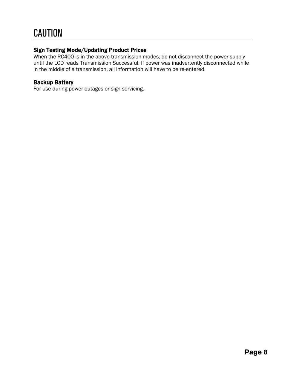 Caution, Page 8, Sign testing mode/updating product prices | Backup battery | Pro-Lite Gas Pricers User Manual | Page 10 / 12