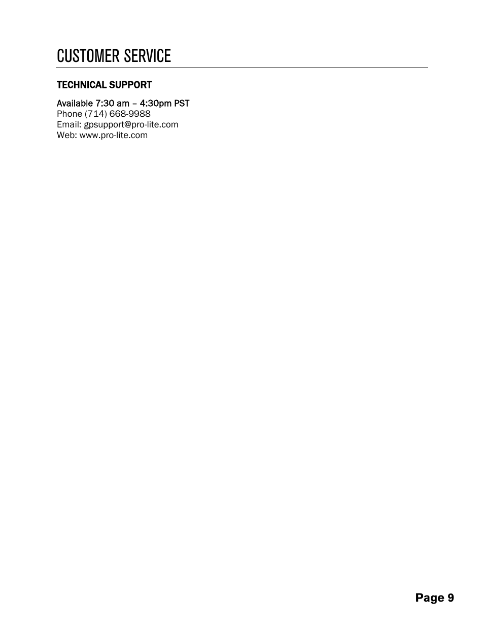Customer service, Page 9 | Pro-Lite Gas Pricers User Manual | Page 11 / 12