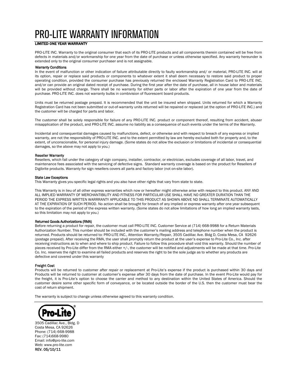 Pro-lite warranty information | Pro-Lite Gas Pricers User Manual | Page 12 / 12