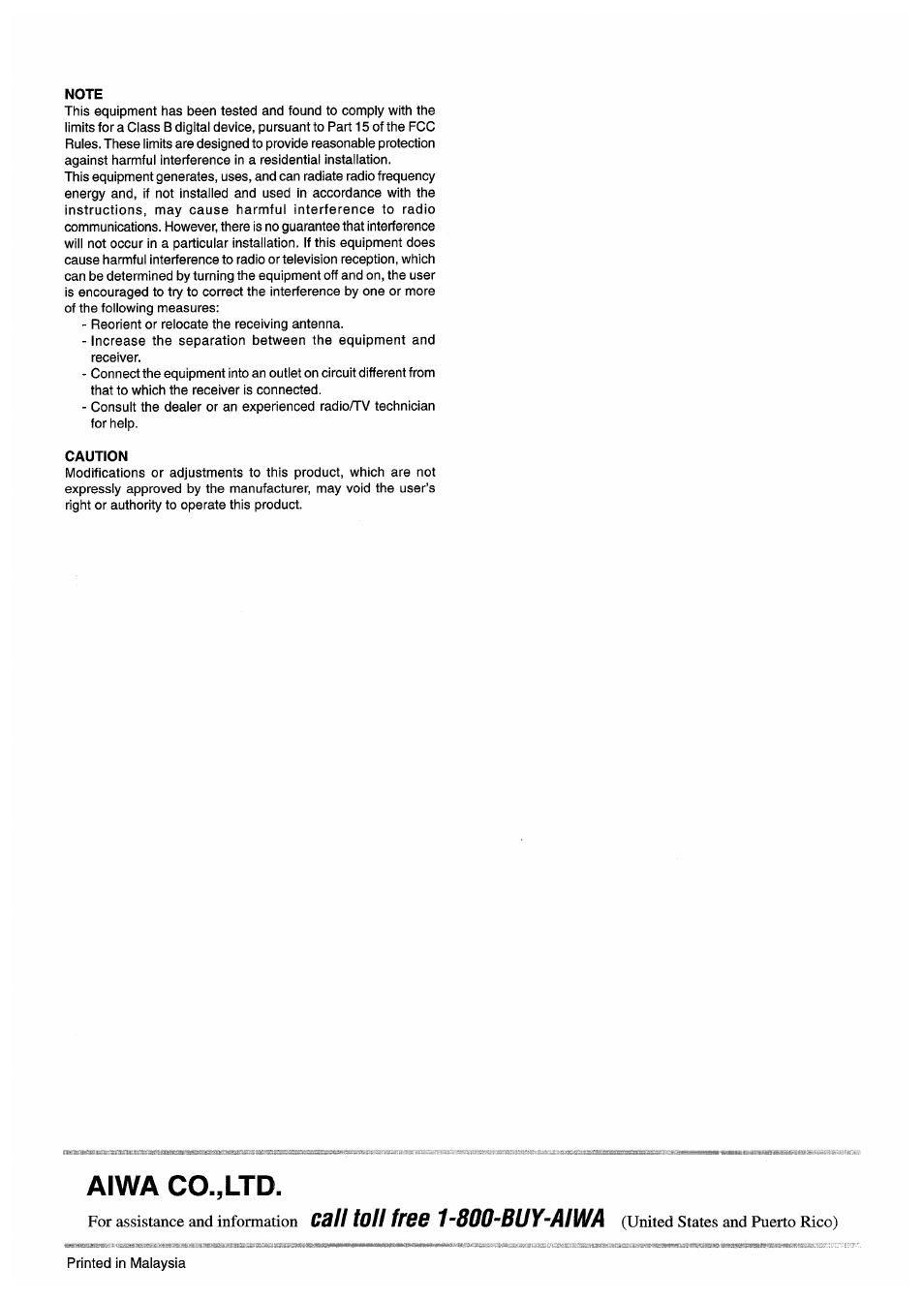 Aiwa co.,ltd, Call toll free 1-800-buy-aiwa, For assistance and information | United states and puerto rico) | Aiwa AV-D55 User Manual | Page 64 / 64