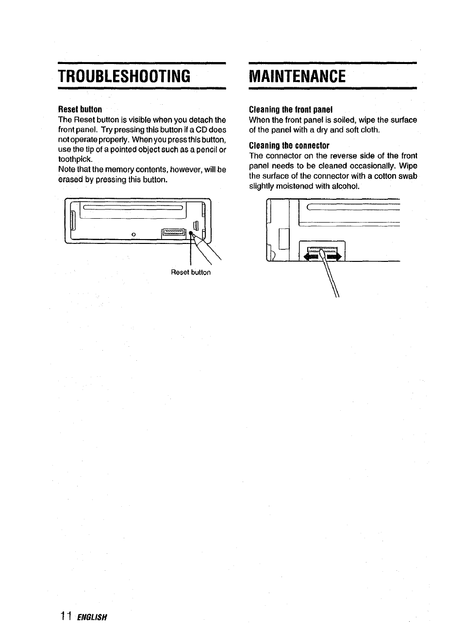 Troubleshooting, Reset button, Cleaning the front panel | Cleaning the connector, Troubleshooting maintenance | Aiwa CDC-XI15 User Manual | Page 12 / 16