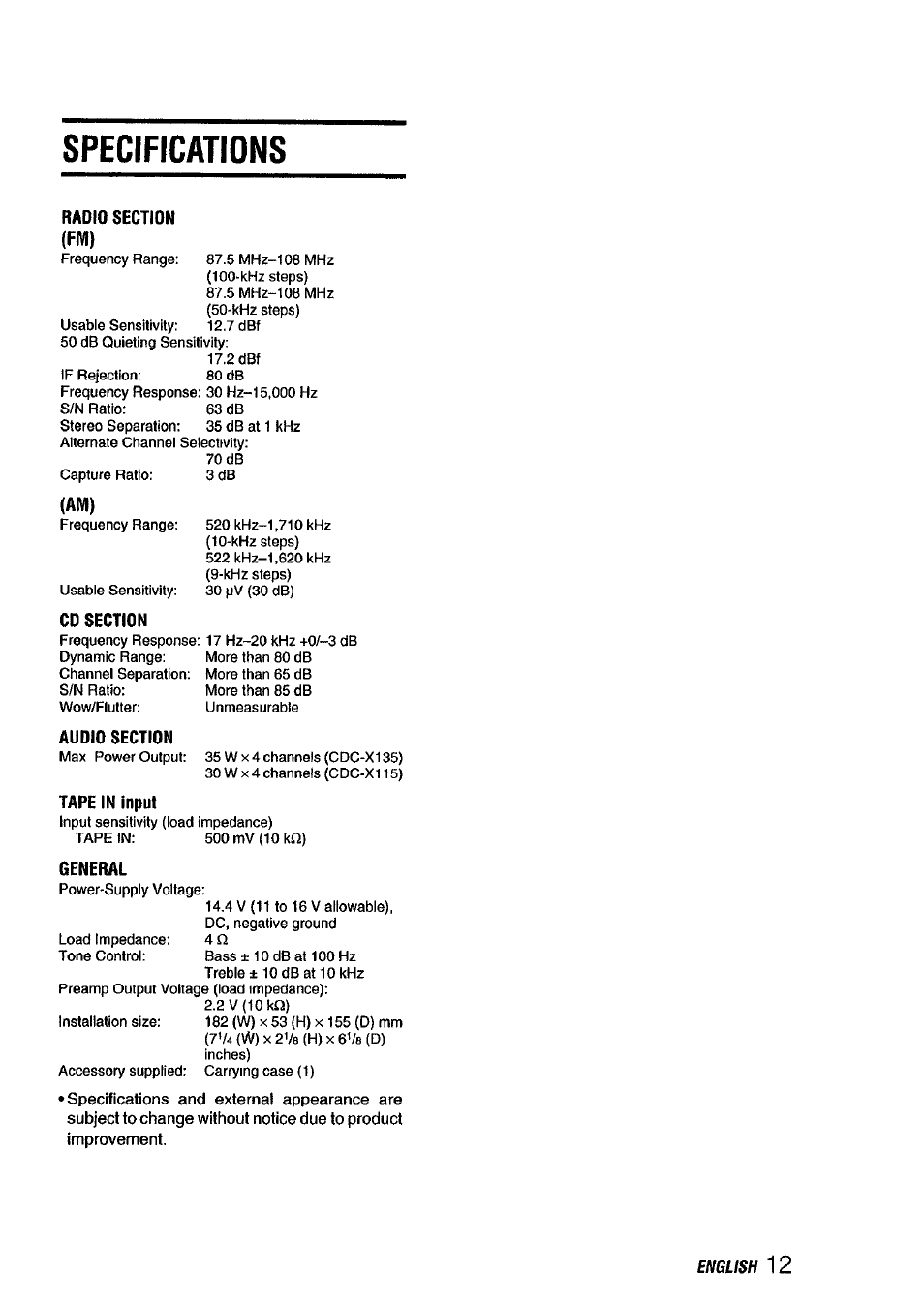 Specifications, Radio section (fm), Cd section | Audio section, General | Aiwa CDC-XI15 User Manual | Page 13 / 16