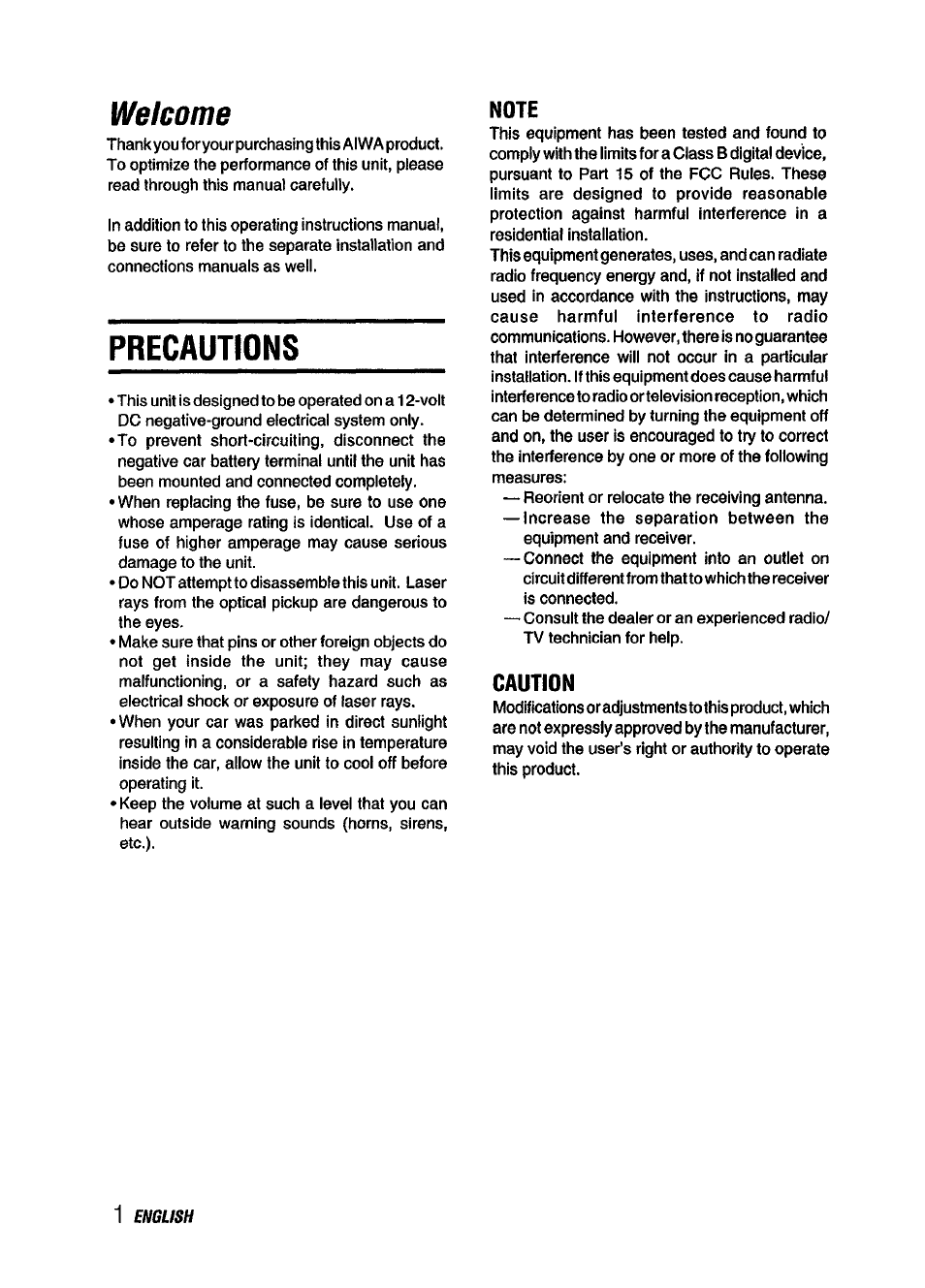 Precautions, Welcome, Caution | Aiwa CDC-XI15 User Manual | Page 2 / 16