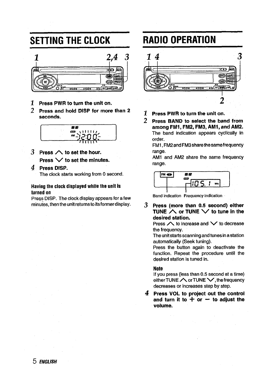 Setting the clock, Radio operation, 1 press pwr to turn the unit on | 2 press and hold disp for more than 2 seconds, 3 press /s. to set the hour, 4 press disp, Press pwr to turn the unit on, Note, Setting the clock radio operation | Aiwa CDC-XI15 User Manual | Page 6 / 16