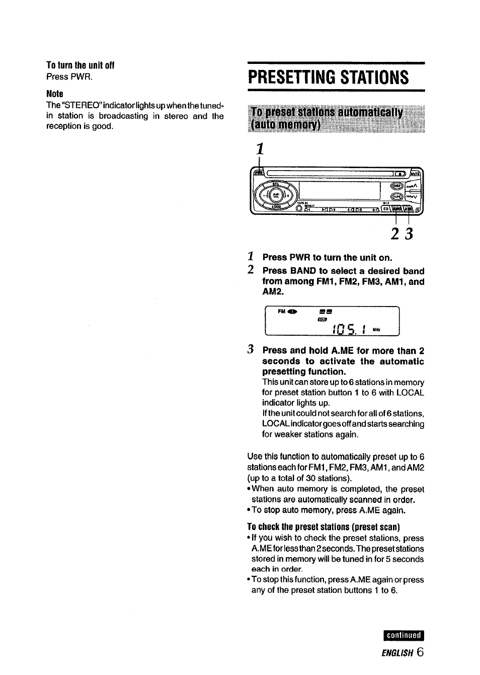 To turn the unit off, Note, Presetting stations | To preset stations automatically (auto memory), Press pwr to turn the unit on, To check the preset stations (preset scan) | Aiwa CDC-XI15 User Manual | Page 7 / 16