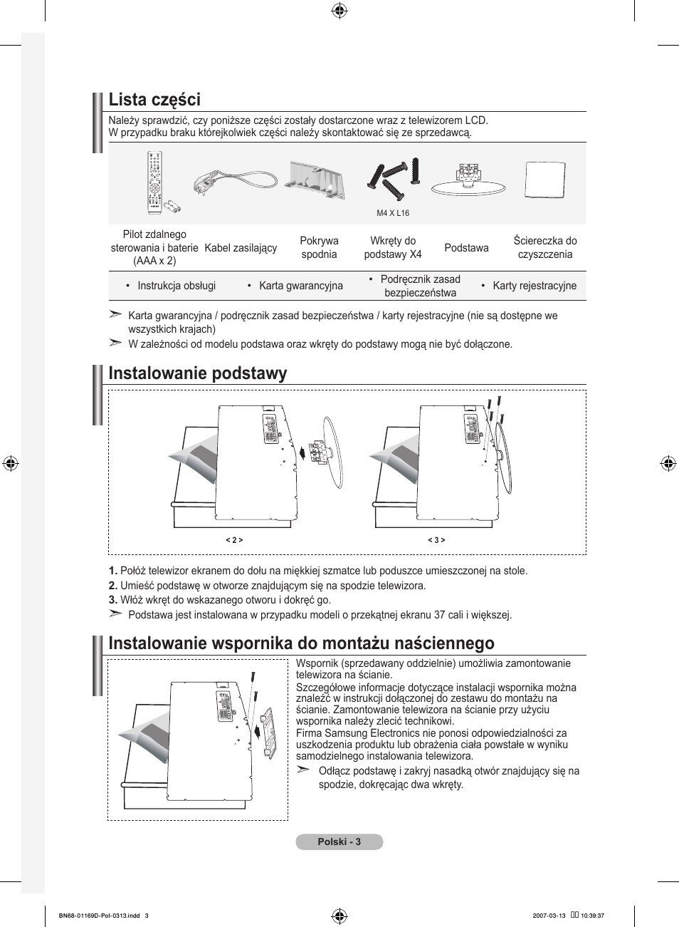 Lista części, Instalowanie podstawy, Instalowanie wspornika do montażu naściennego | Samsung LE40R88BD User Manual | Page 129 / 560