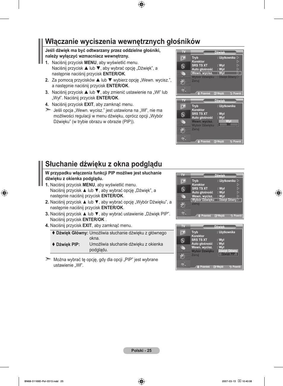 Włączanie wyciszenia wewnętrznych głośników, Słuchanie dźwięku z okna podglądu | Samsung LE40R88BD User Manual | Page 151 / 560