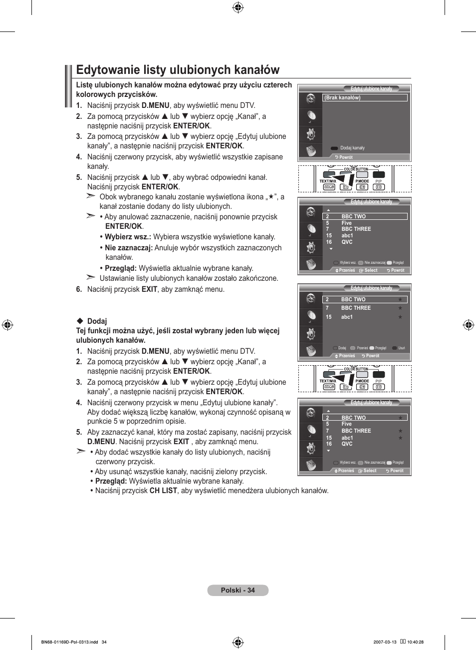 Edytowanie listy ulubionych kanałów | Samsung LE40R88BD User Manual | Page 160 / 560