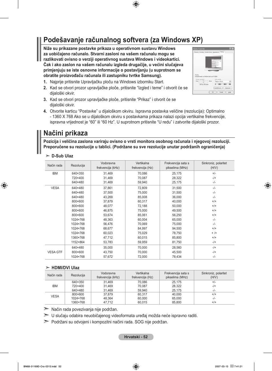 Podešavanje računalnog softvera (za windows xp), Načini prikaza | Samsung LE40R88BD User Manual | Page 364 / 560