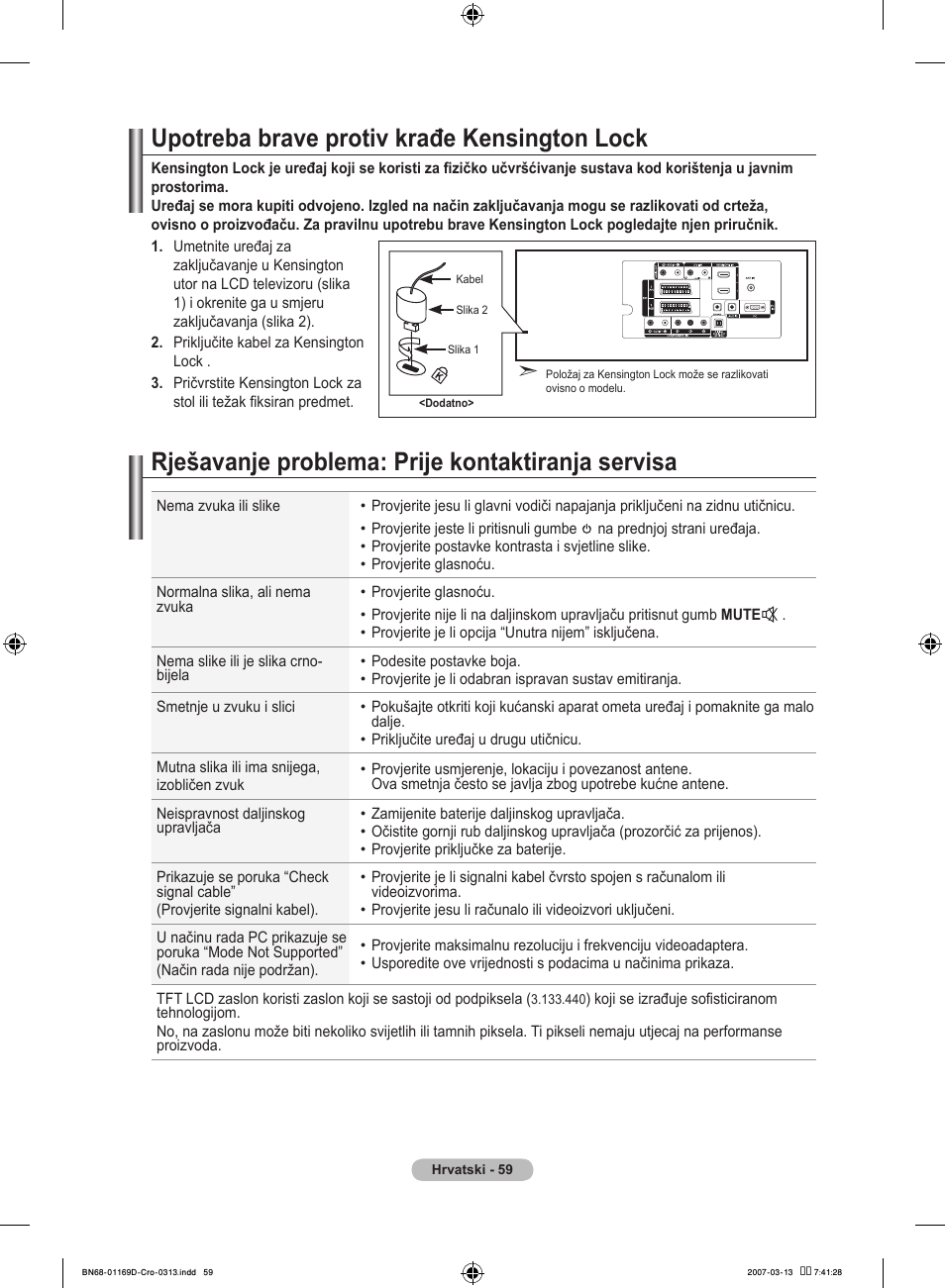 Upotreba brave protiv krađe kensington lock, Rješavanje problema: prije kontaktiranja servisa | Samsung LE40R88BD User Manual | Page 371 / 560