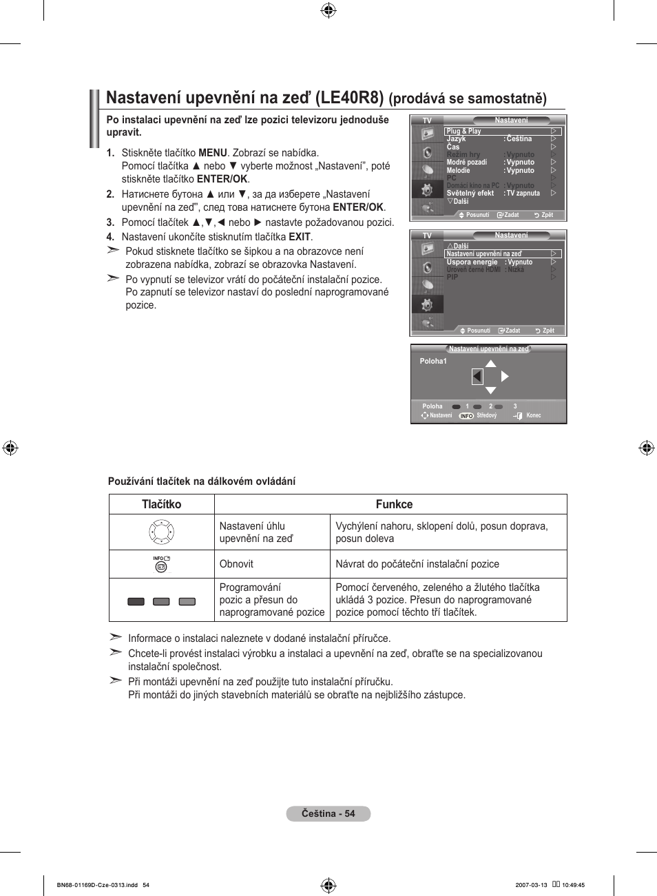 Nastavení upevnění na zeď (le40r8), Prodává se samostatně), Tlačítko funkce | Samsung LE40R88BD User Manual | Page 428 / 560