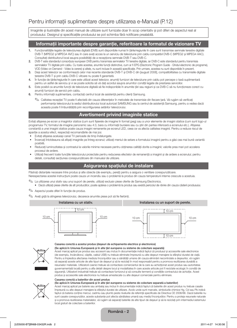 Avertisment privind imaginile statice, Asigurarea spaţiului de instalare | Samsung UE22D5010NW User Manual | Page 114 / 146