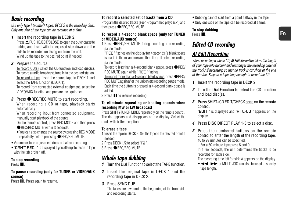 Basic recording, Whole tape dubbing, Edited cd recording | 17 en | Aiwa NSX-R71 User Manual | Page 17 / 24