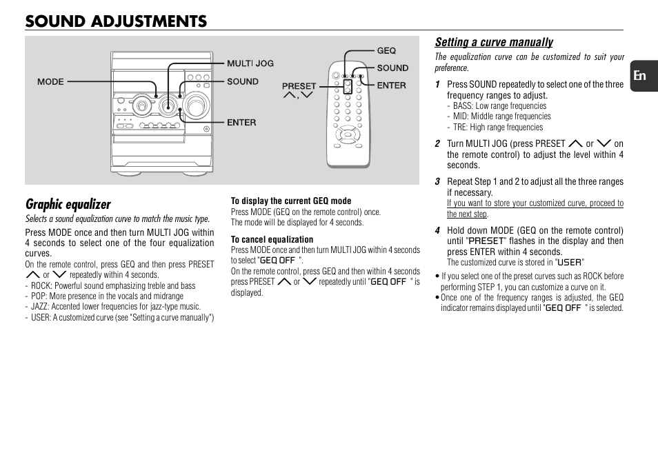 Sound adjustments, Graphic equalizer, 19 en | Aiwa NSX-R71 User Manual | Page 19 / 24