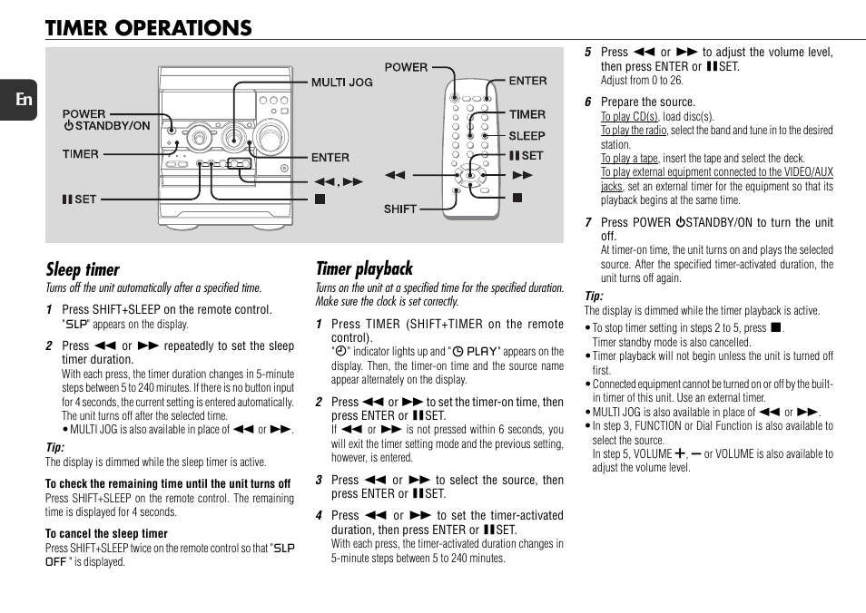 Timer operations, Sleep timer, Timer playback | 20 en | Aiwa NSX-R71 User Manual | Page 20 / 24