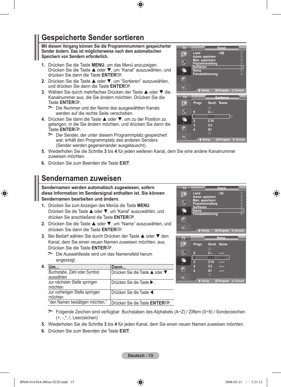 Gespeicherte sender sortieren, Sendernamen zuweisen | Samsung LE46A551P2R User Manual | Page 119 / 629