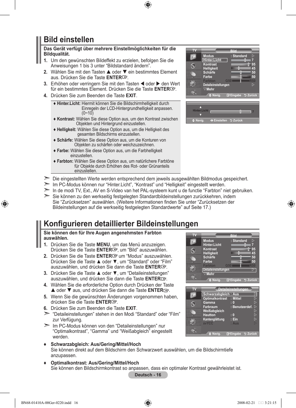 Bild einstellen, Konfigurieren detaillierter bildeinstellungen | Samsung LE46A551P2R User Manual | Page 122 / 629