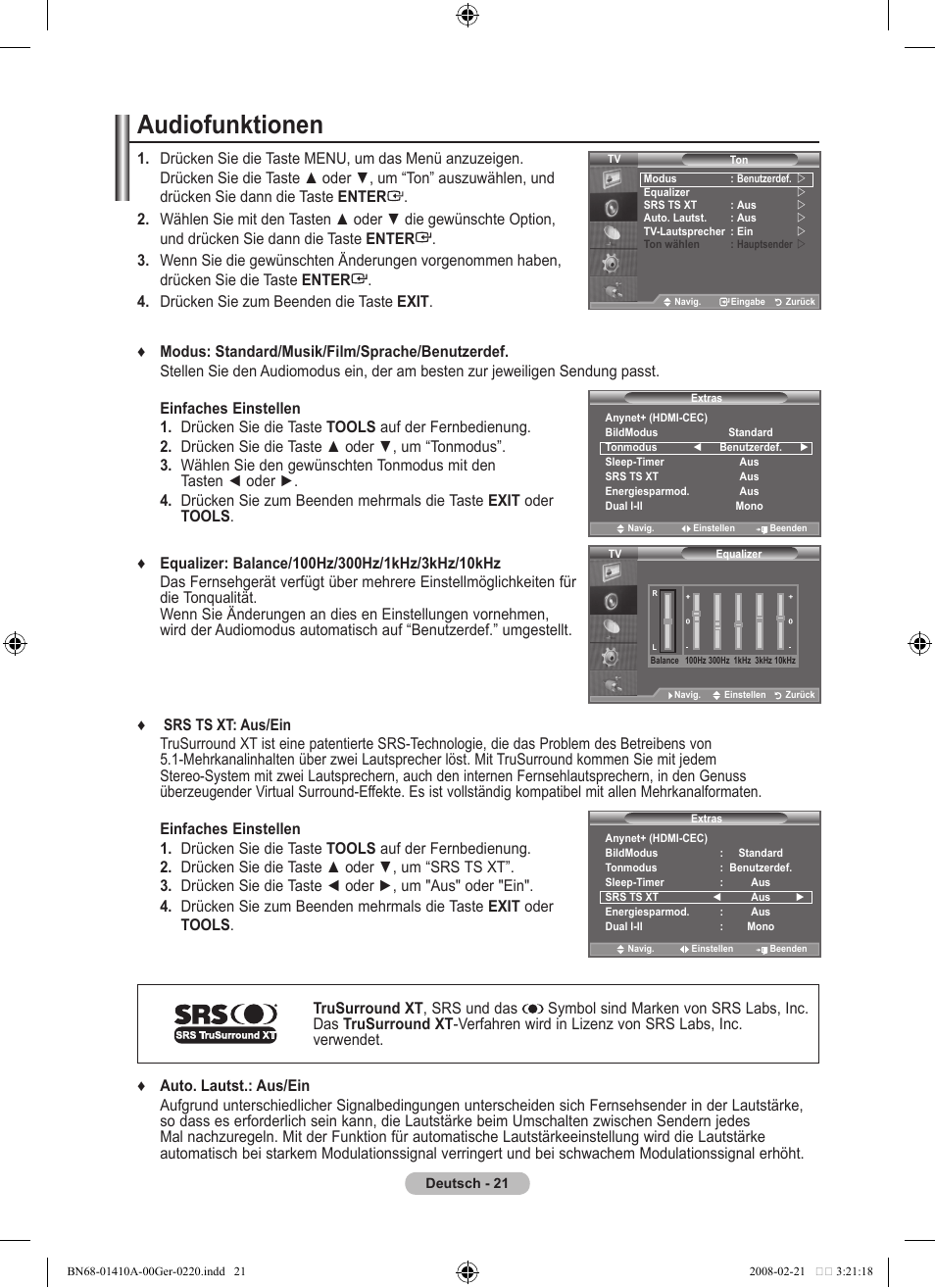 Audiofunktionen | Samsung LE46A551P2R User Manual | Page 127 / 629