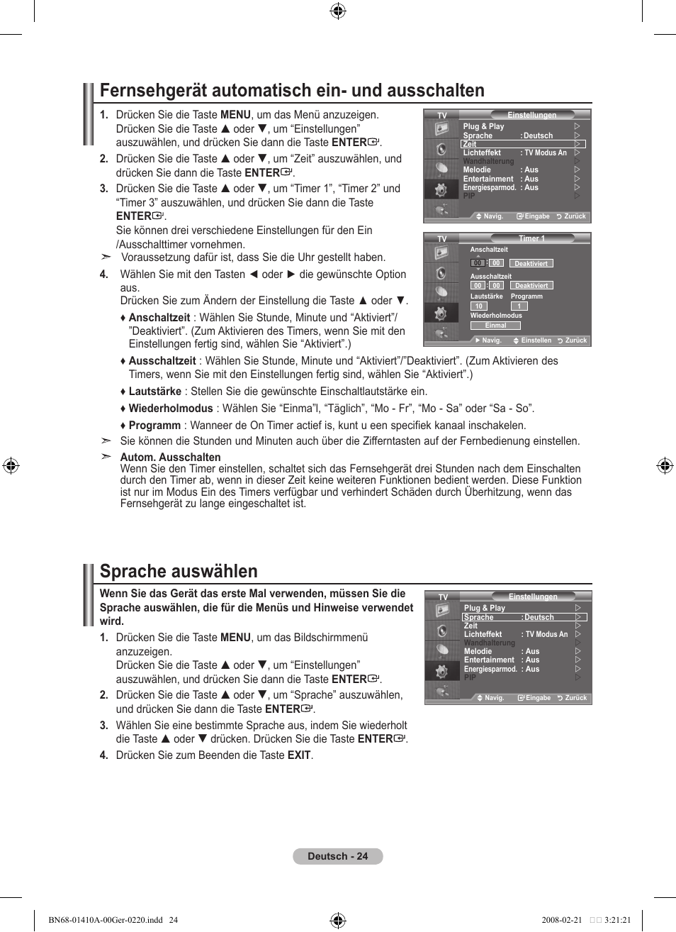 Fernsehgerät automatisch ein- und ausschalten, Sprache auswählen | Samsung LE46A551P2R User Manual | Page 130 / 629