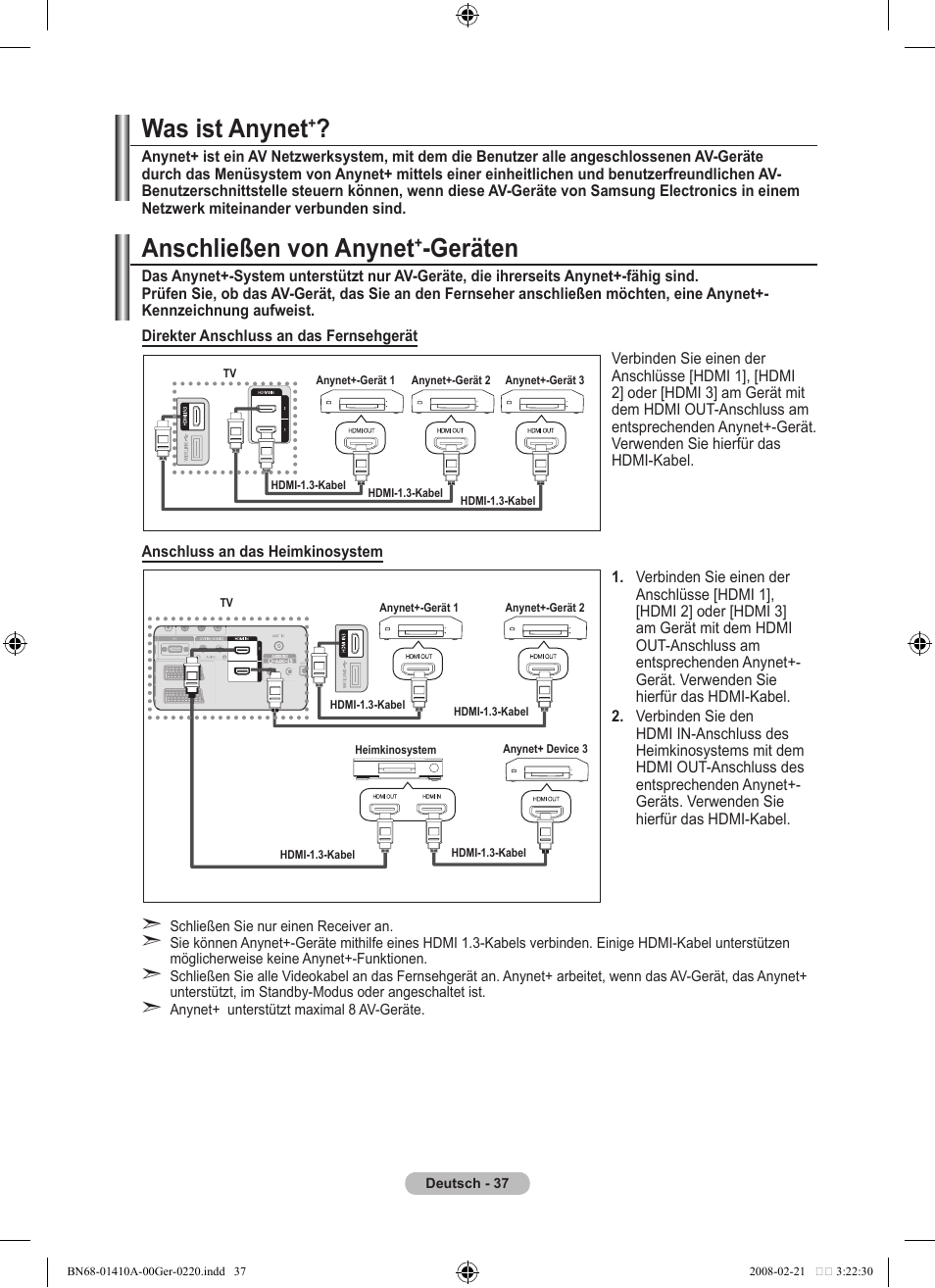 Was ist anynet, Anschließen von anynet, Geräten | Samsung LE46A551P2R User Manual | Page 143 / 629