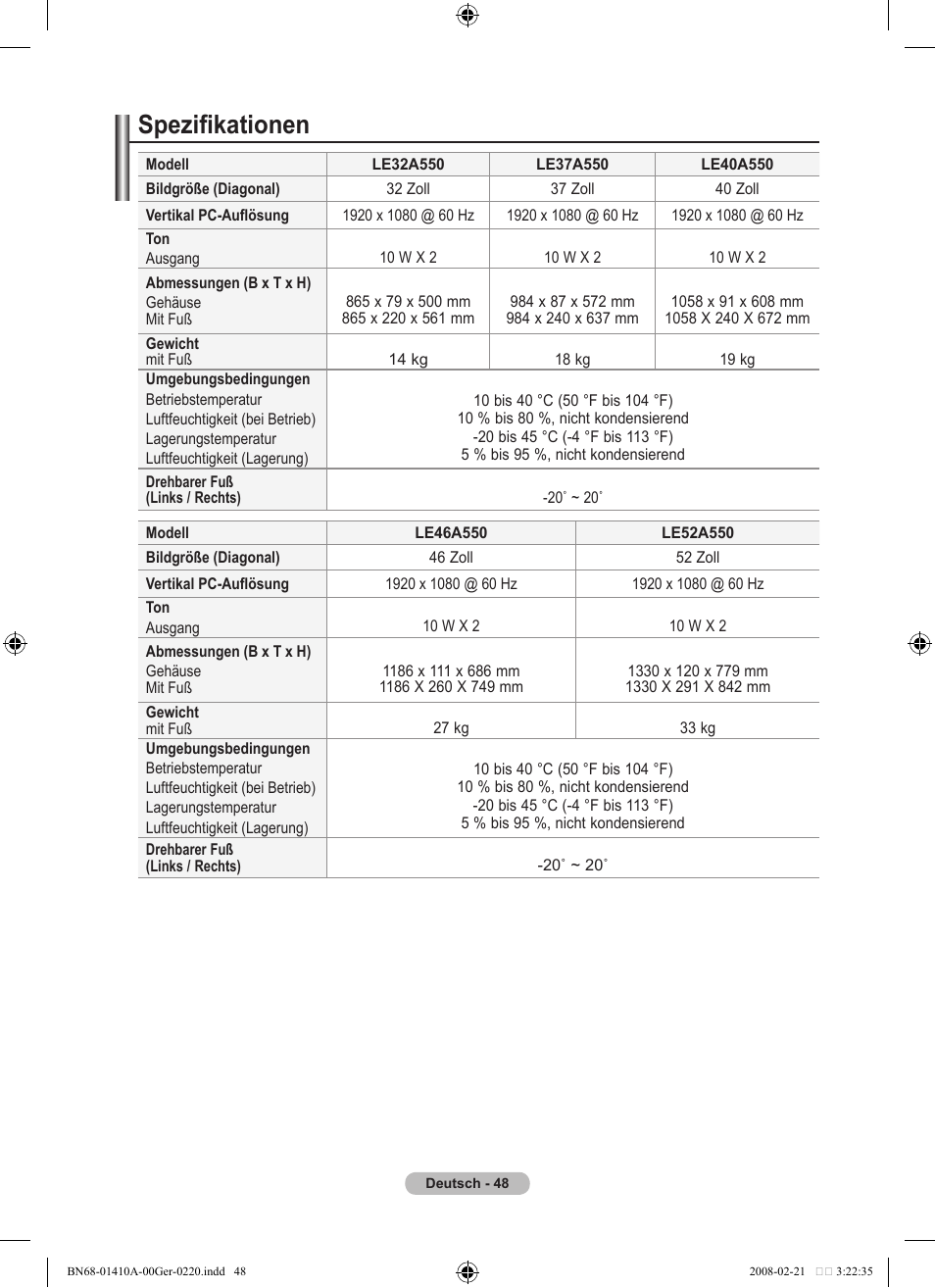 Spezifikationen | Samsung LE46A551P2R User Manual | Page 154 / 629