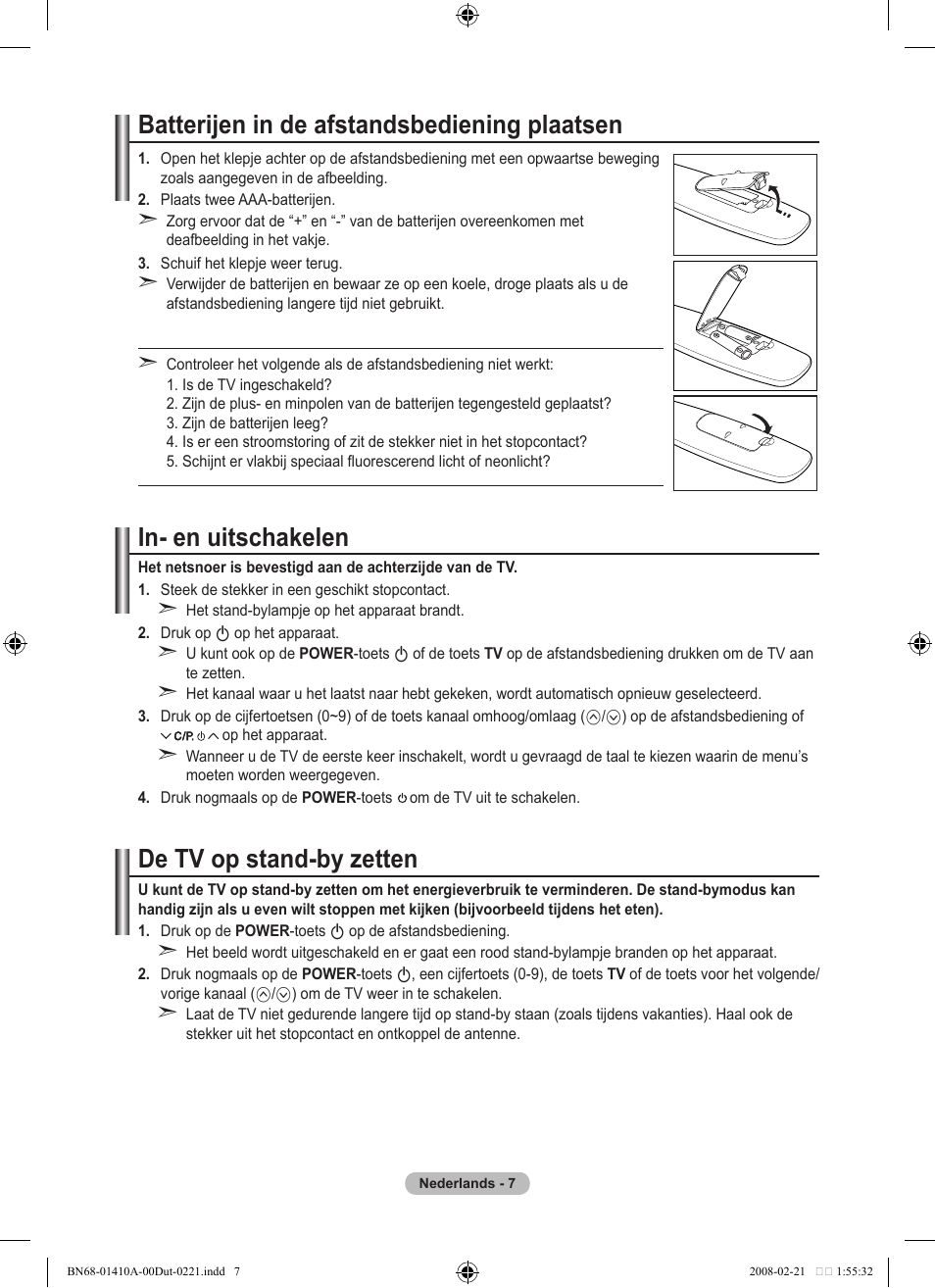 Batterijen in de afstandsbediening plaatsen, In- en uitschakelen, De tv op stand-by zetten | Samsung LE46A551P2R User Manual | Page 165 / 629