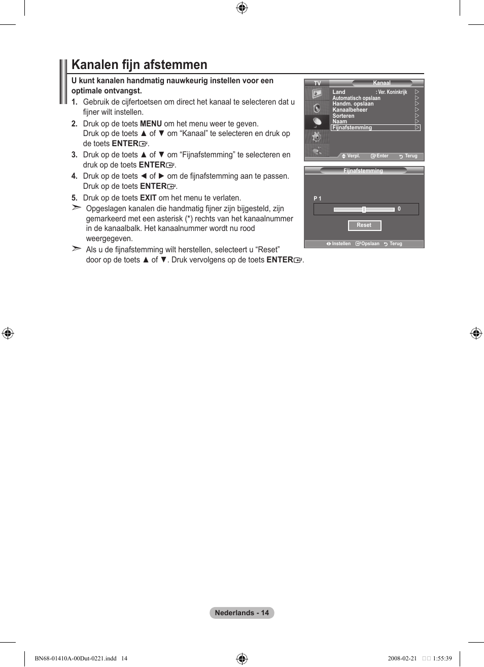 Kanalen fijn afstemmen | Samsung LE46A551P2R User Manual | Page 172 / 629