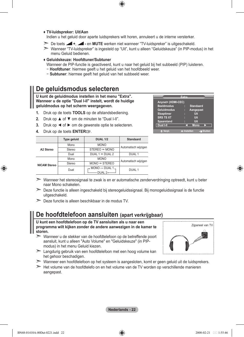 De geluidsmodus selecteren, De hoofdtelefoon aansluiten, Apart verkrijgbaar) | Samsung LE46A551P2R User Manual | Page 180 / 629