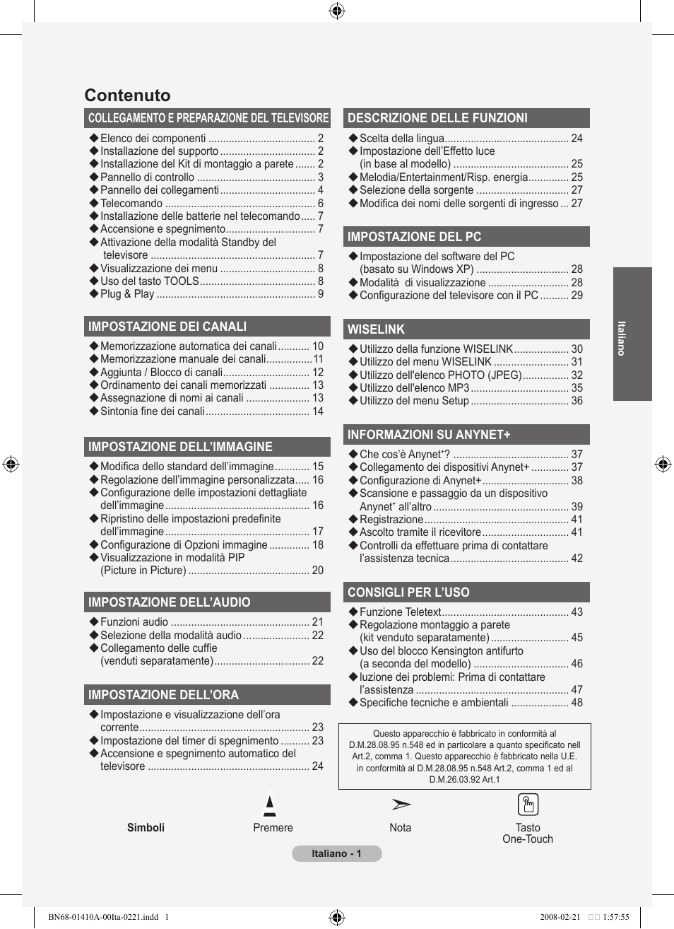 Contenuto | Samsung LE46A551P2R User Manual | Page 211 / 629