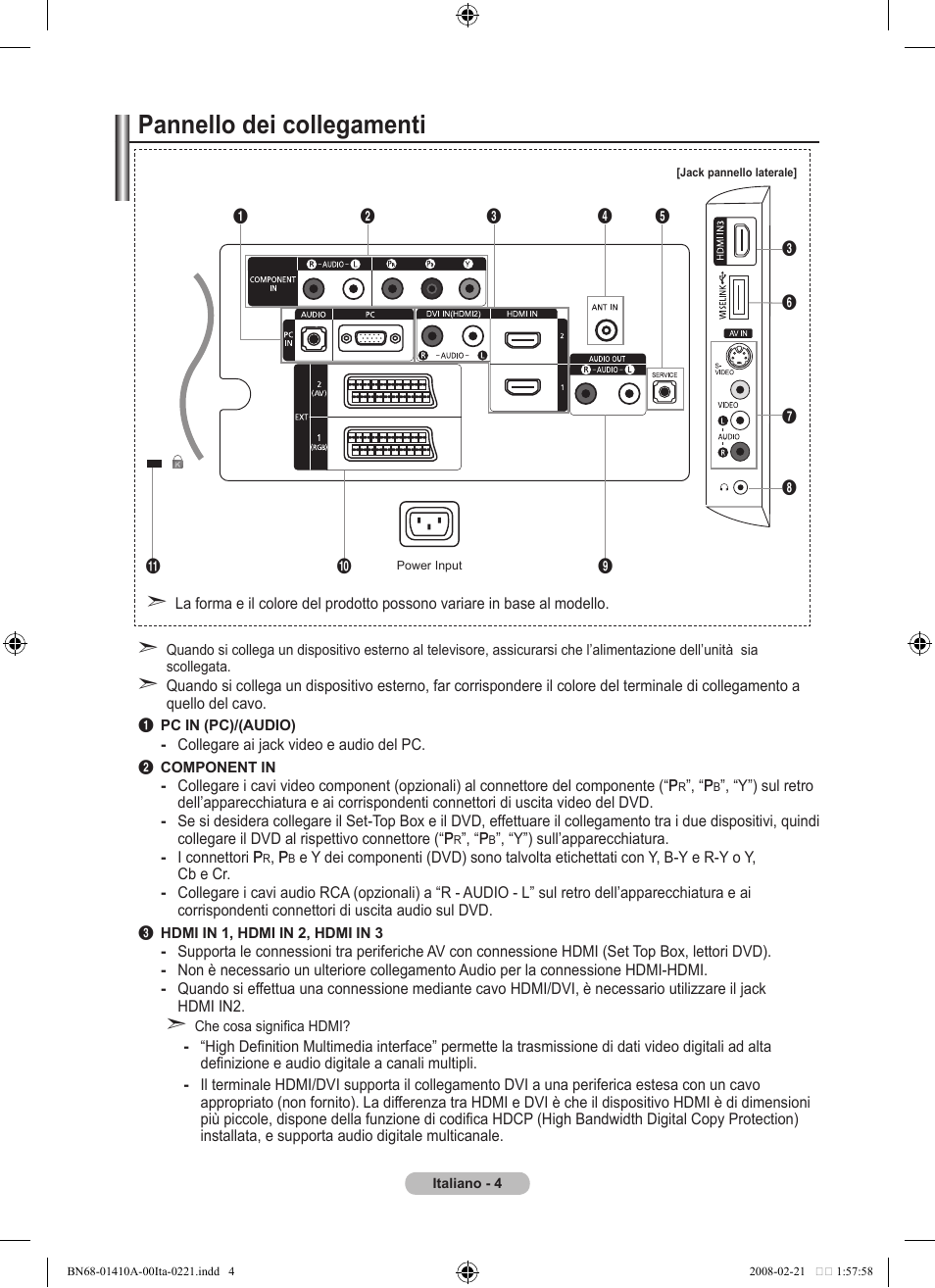 Pannello dei collegamenti | Samsung LE46A551P2R User Manual | Page 214 / 629