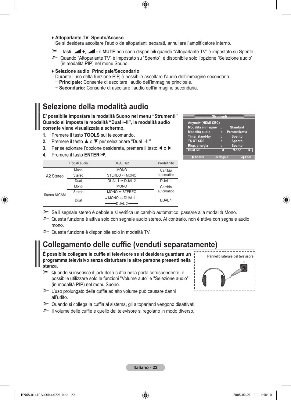 Selezione della modalità audio, Collegamento delle cuffie (venduti separatamente) | Samsung LE46A551P2R User Manual | Page 232 / 629