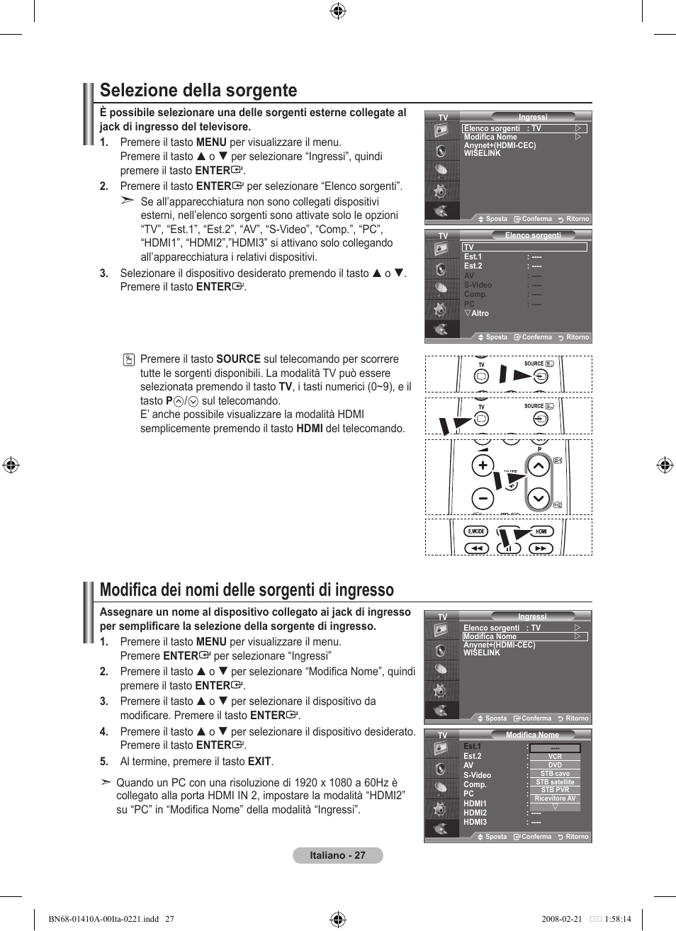 Selezione della sorgente, Modifica dei nomi delle sorgenti di ingresso | Samsung LE46A551P2R User Manual | Page 237 / 629