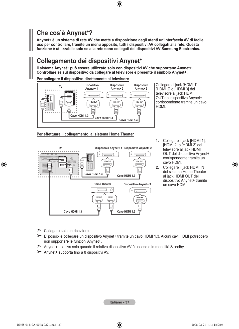Collegamento dei dispositivi anynet, Che cos’è anynet | Samsung LE46A551P2R User Manual | Page 247 / 629